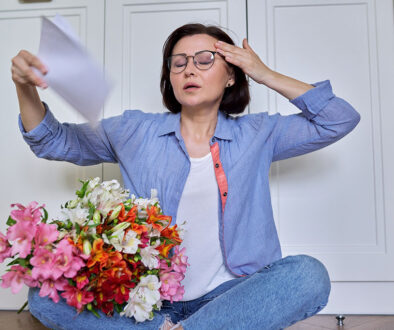 A Middle-Aged Woman Sitting On The Floor Fanning Herself With Sheets Of Paper Signs Perimenopause Is Ending
